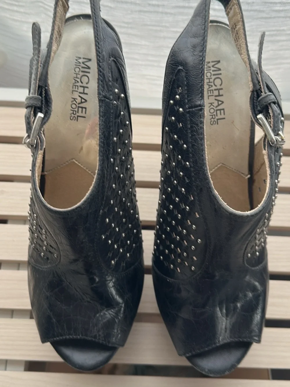 MICHAEL Michael Kors Black Studded Peep-Toe Slingback Heels